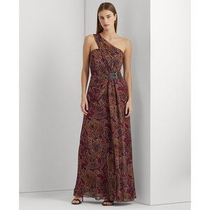 Lauren Ralph Lauren Women's Paisley Georgette One-Shoulder Gown - Burgundy Multi